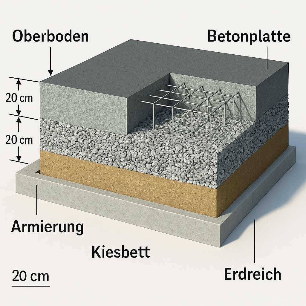 Tragschicht aus Schotter für eine Betonfläche im Hof