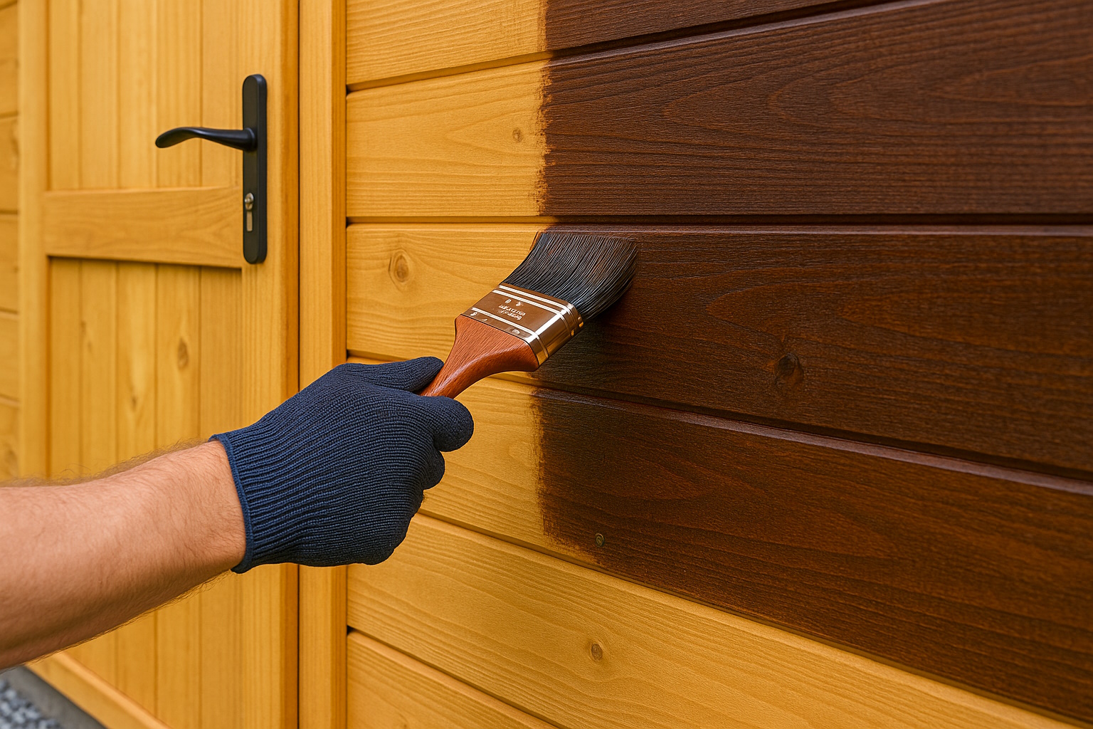 Holz-Gartenhaus wird mit Lasur gestrichen