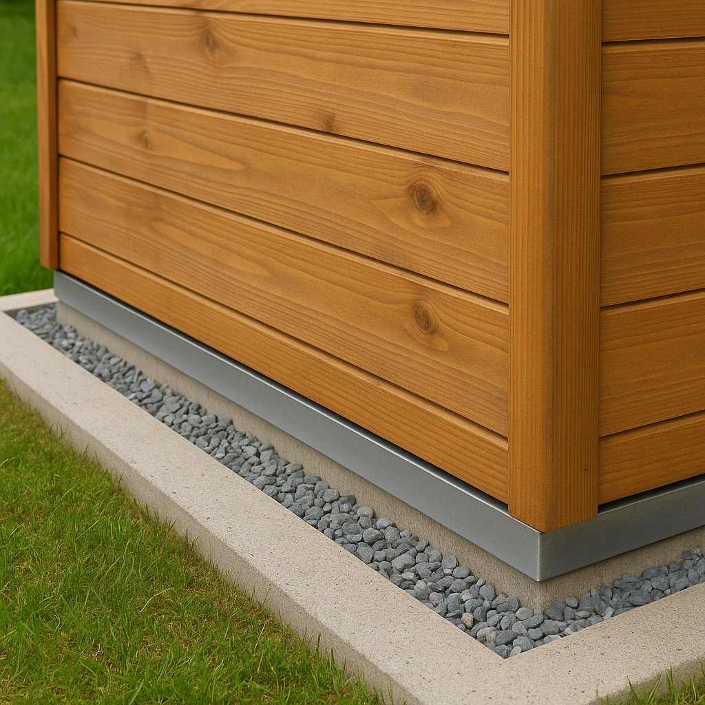 Detail am Sockel eines Holz-Gartenhauses mit konstruktivem Holzschutz