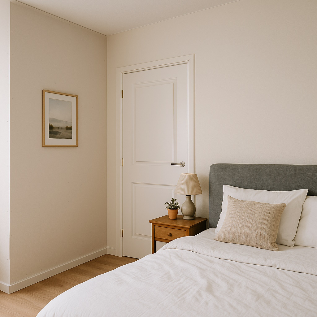 Fertig ausgebaute Trockenbauwand in einem ruhigen Wohnraum