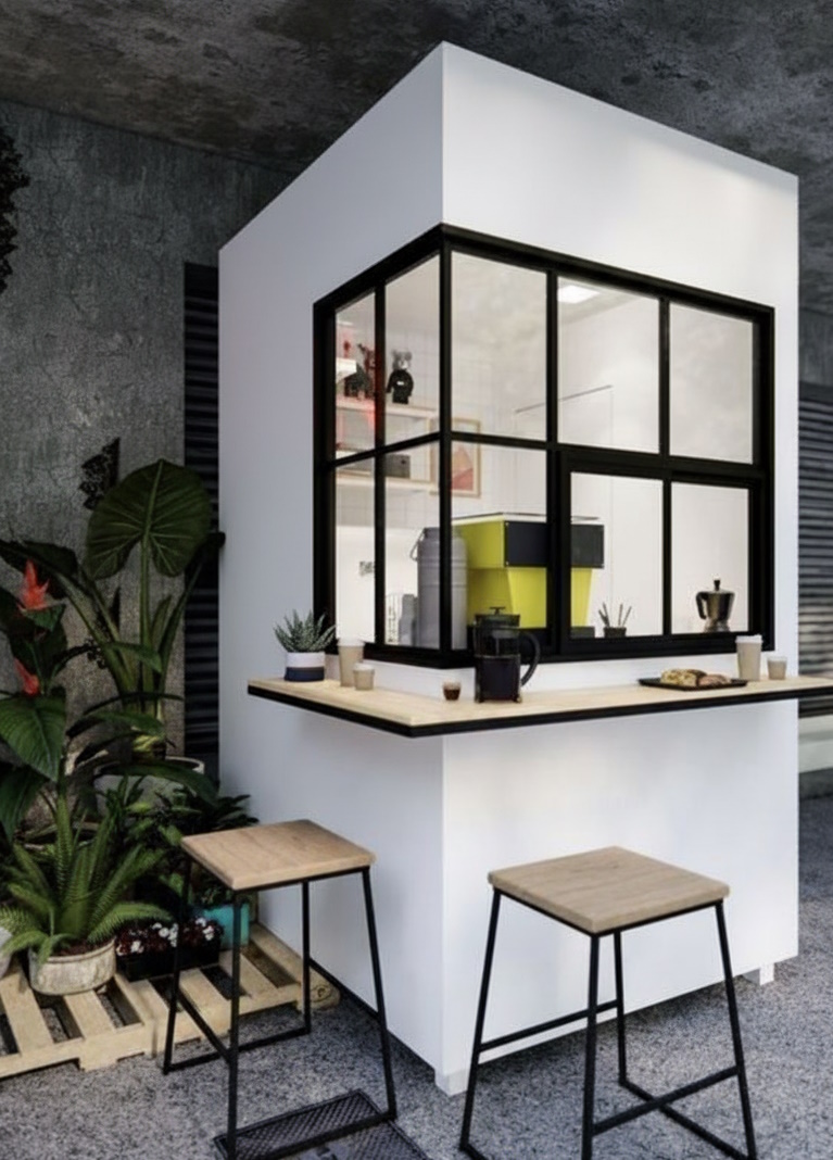 Geöffnete Verkaufsfront mit Theke und Klappfenster