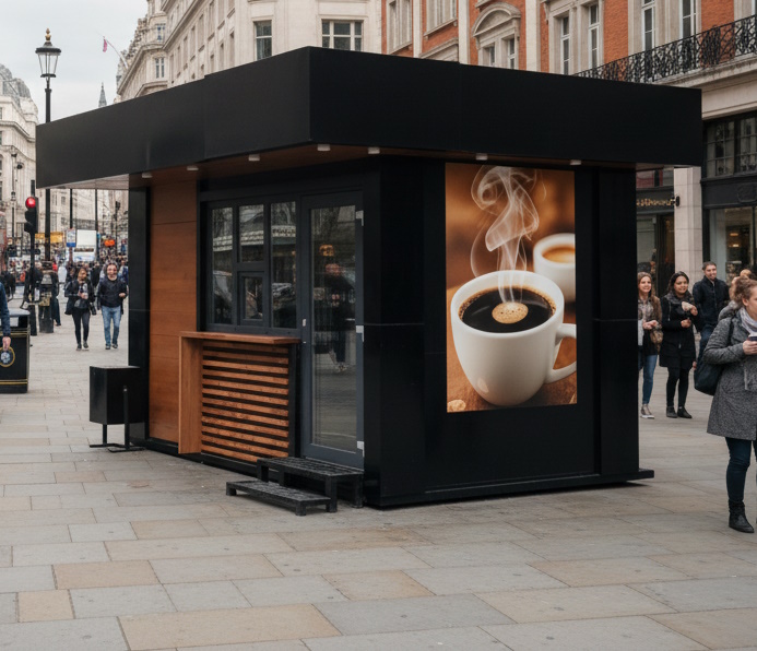 Imbiss- und Verkaufscontainer mit grosser Frontöffnung