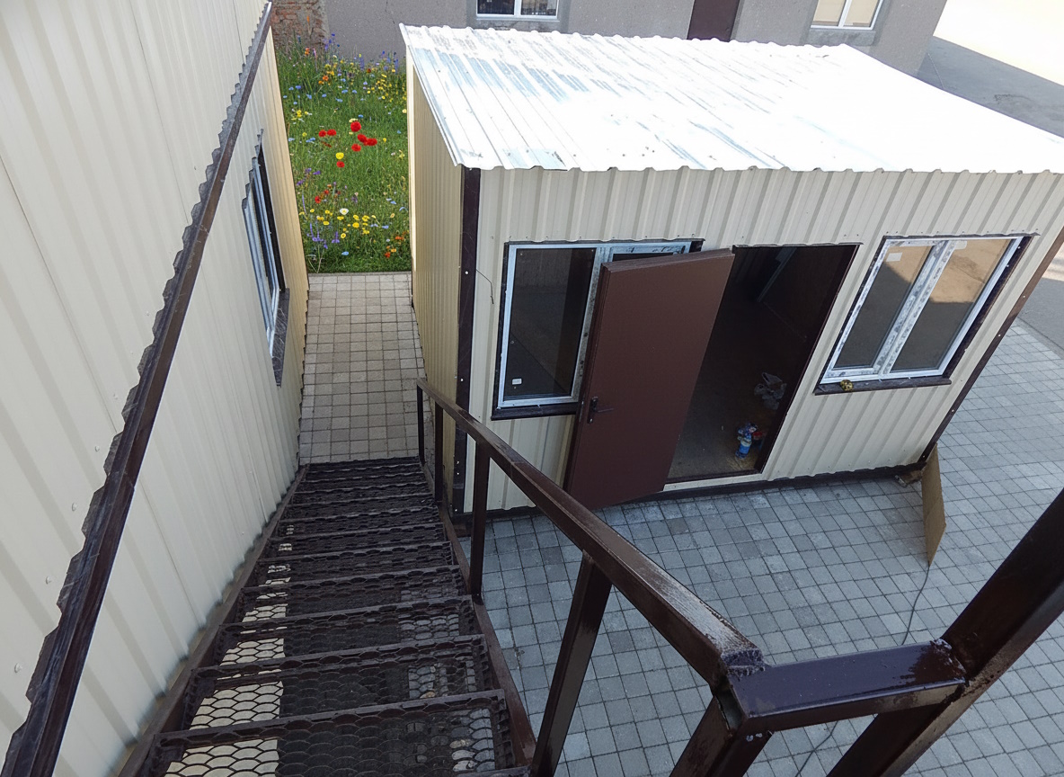 Detailansicht von Fassade und Aussentreppe des Modulgebäudes