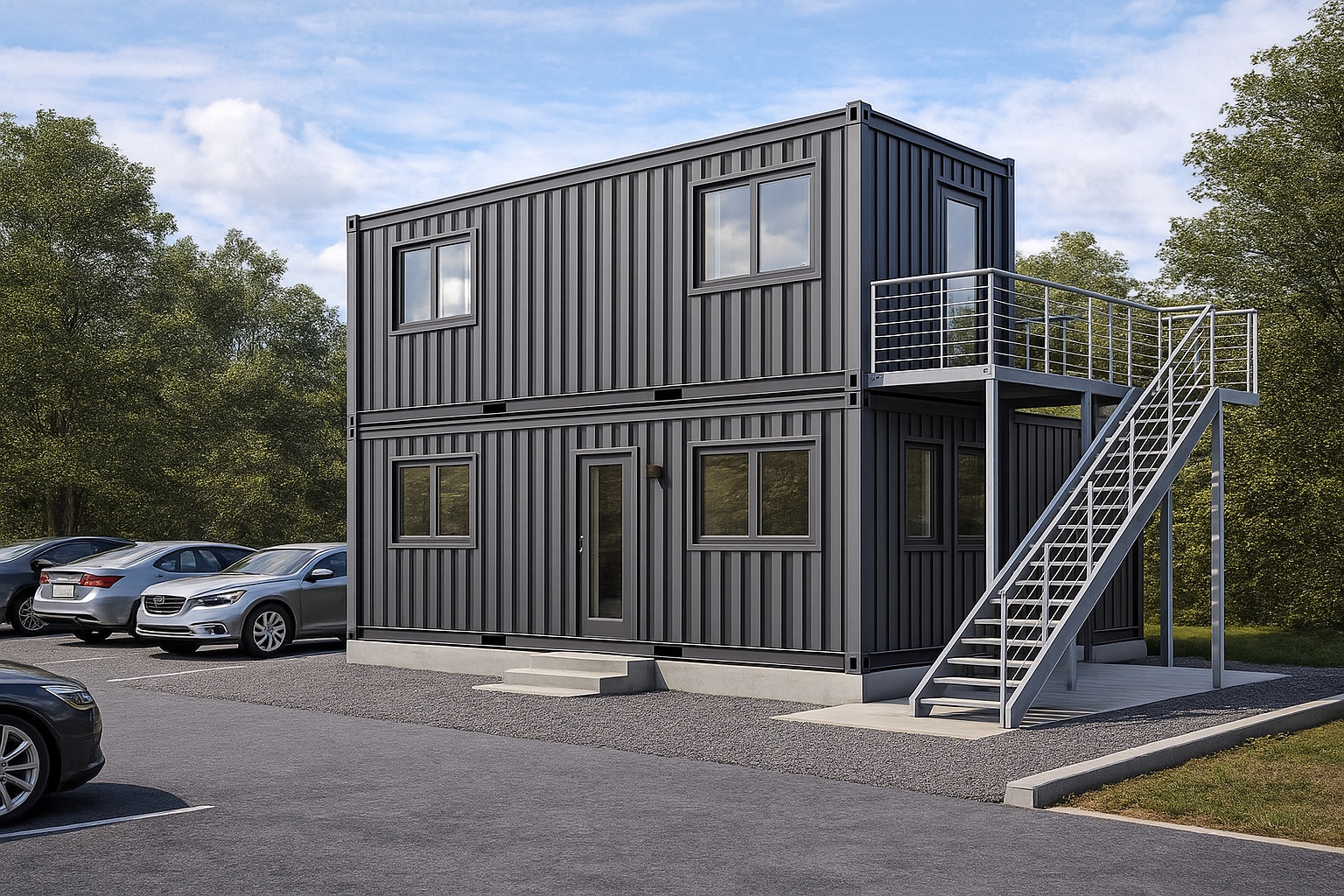 Innenausbau eines Containerlagers mit Regalen und Technik